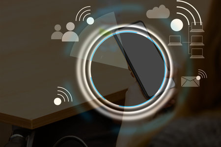 Woman hand using smartphone with wifi icon. Business communication social network concept.