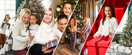 collage of a family photos on a christmas themeの写真素材