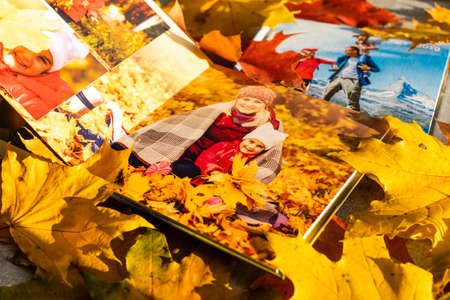 Photobook on the leaves background, closeup of photobook, family photo albumの写真素材