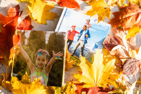 Autumn yellow leaves and family photobook. fall leaves arranged for a photo book backgroundの写真素材