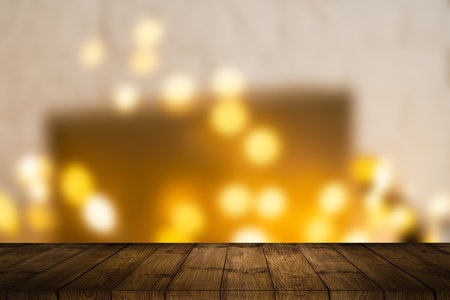 empty wooden floor or wooden terrace with abstract night light bokeh of night festival, blurred background, copy space for display of product or object presentation, vintage color toneの写真素材