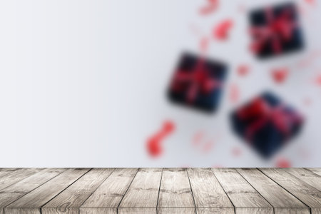 wood table with blured gifts bokeh background