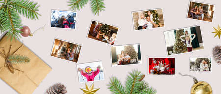 Christmas or New Year background, plain composition made of Xmas decorations and fir branches, flat lay, blank space for a greeting textの写真素材