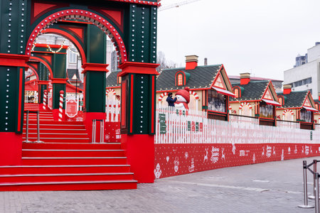 Kyiv, Ukraine - January 13, 2021: Street skating rink at the Christmas fair. Christmas Holidays at Palace Ukraineのeditorial素材