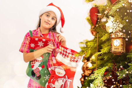 Photo of pretty charming girl hold newyear stocking x-mas present isolated white background