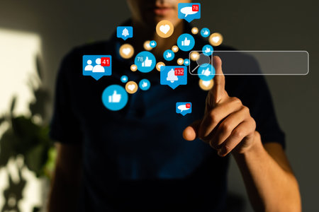 Business woman pointing her fingers on virtual web interface iconsの写真素材
