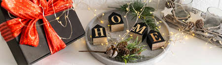 Different Christmas presents with handmade decorationの写真素材