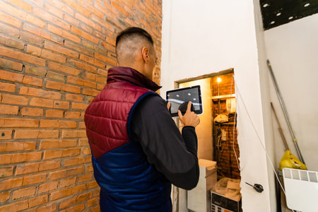 repair, construction and building concept - happy smiling worker or builder with tablet pc computer...