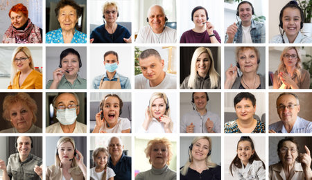 Headshot screen application view of smiling multiracial employees talk speak on video call brainstorm together, multiethnic coworkers engaged in team discussion online using Web conferenceの写真素材