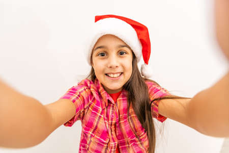 happy liitle girl make selfie close-upの写真素材