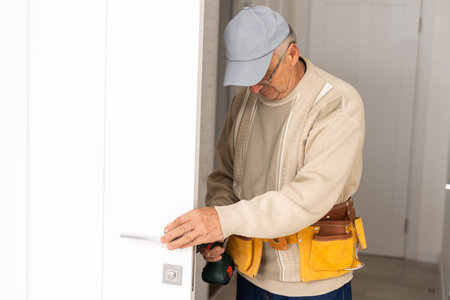 Attractive builder is installing lock in door. He is holding a screwdriver and kneeling.