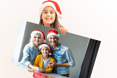 Photo printed on canvas, white background. Happy young family in Santa hats celebrating Christmas at homeの写真素材