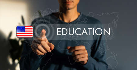 Inspiration showing sign Creative Education. Business overview students able to use imagination and critical thinking In Suit Holding Pointing Finger On Futuristic Virtual Button.の写真素材
