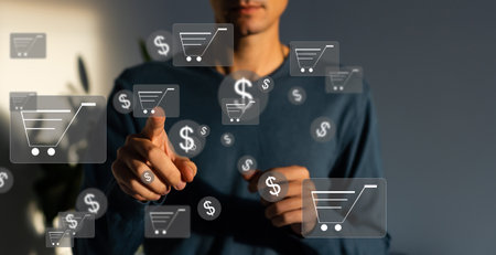 Businessman pointing Dollar icon with tech backgroundの写真素材