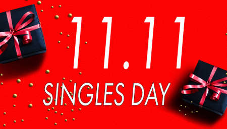 Online shopping of China, 11.11 singles day sale concept. text 11.11 singles day sale on a red backgroundの写真素材