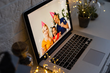 young family video call smiling and looking at webcam web, lovers greet friends merry christmas and happy new year