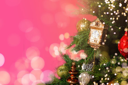Decorated Christmas tree closeup, balls, garland