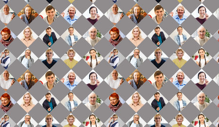 Mixed age range face screen group of people power look at camera enjoy laugh talk at home office.