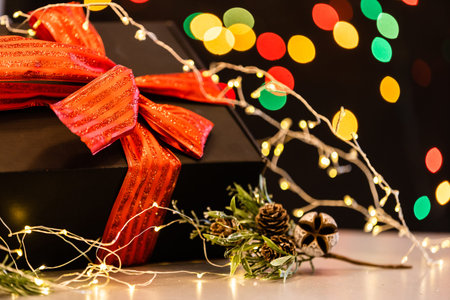 Christmas background with lights and free text space. Christmas lights. Glowing colorful Christmas...