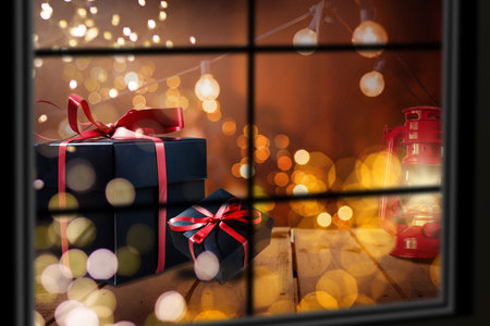 Atmospheric Christmas window, Xmas tree.の写真素材