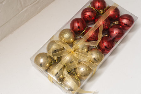 beautiful red gold and silver Christmas balls isolated on white
