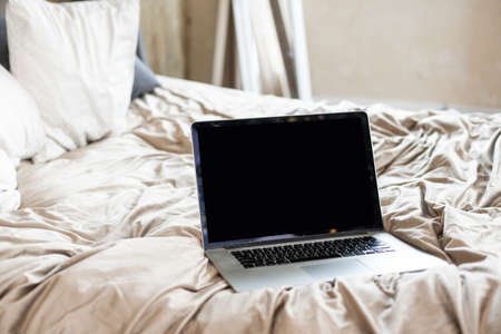 Decorated for new year room no people and laptopの写真素材