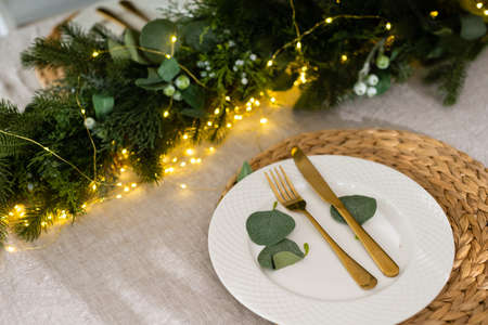 Merry Christmas and Happy Holidays. Time of family tea party. Christmas wooden table.の写真素材