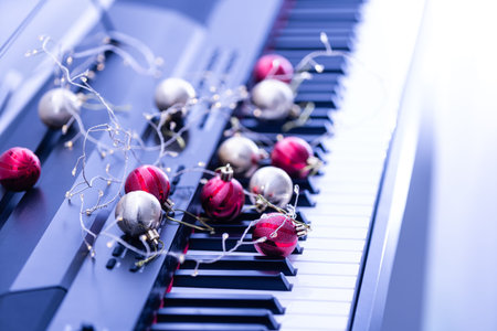 Piano with beautiful Christmas decor, closeup