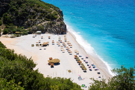 Gjipe beach view with rock in Albania at Ionian sea