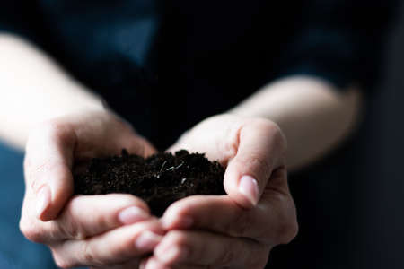 woman hands holding dark moist soil. Agriculture, organic gardening, planting or ecology concept. Environmental, earth day. Banner. Copy spaceの写真素材