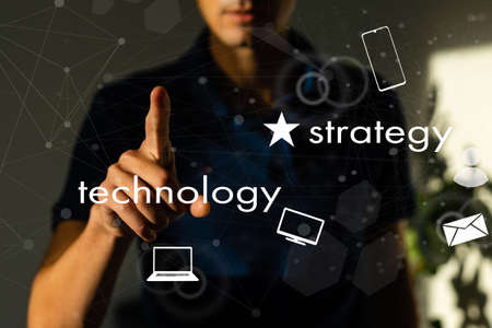 Inspiration showing sign Creative Education. Business overview students able to use imagination and critical thinking In Suit Holding Pointing Finger On Futuristic Virtual Button.の写真素材