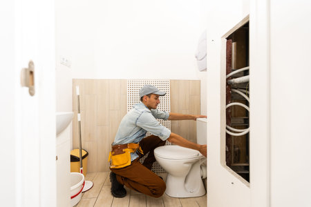 Plumber installing toilet in restroom