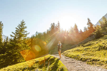 Young beautiful woman traveler , mountains Alps background,の写真素材