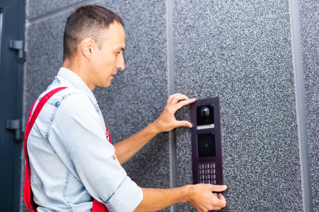 handsome young electrician repairing intercom