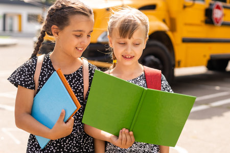 Lucky to meet each other. Cheerful smart schoolgirls. Happy schoolgirls outdoors. Small schoolgirls...