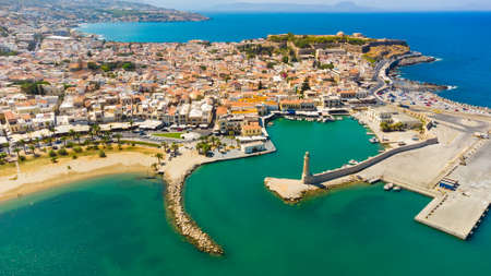 Rethymno old port with bars and restaurants, Crete, Greeceの写真素材