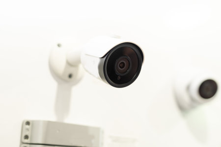 Security Camera, CCTV on location. Security camera on the wall in old city.の写真素材