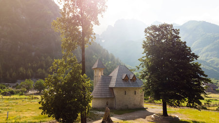 A Catholic Church in the village of Theth in Prokletije in the Acursed Mountains of Albania. The...
