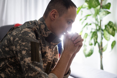 Portrait of middle aged sad, desperate military man. Disabled soldier suffering from depression...