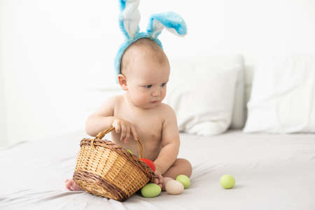 Cute little boy with bunny ears, Easterの写真素材