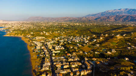 Panoramic aerial view from above of the city of Chania, Crete island, Greece. Landmarks of Greece, beautiful venetian town Chania in Crete island. Chania, Crete, Greece.の写真素材