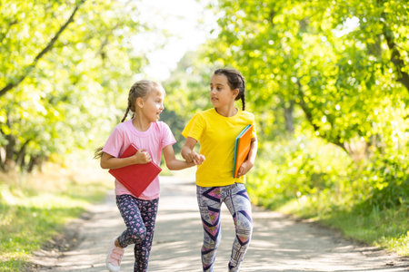 two little schoolgirls with books in a city park on bright autumn dayの写真素材
