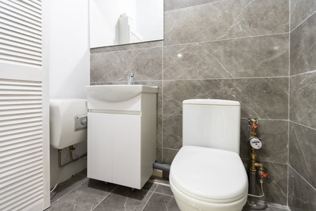 Public toilet cubicle, gray public bathroom.