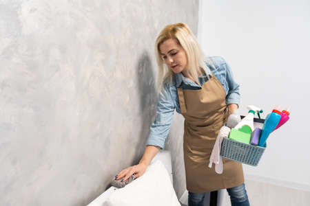 Woman is smiling and wiping dust using a spray and a duster while cleaning her house,の写真素材