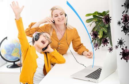 family with virtual barrier as virus protectionの写真素材