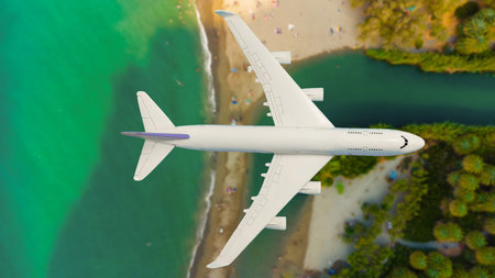 Aerial top down view of an airplane flying over blue sea as a travel concept with copy space.