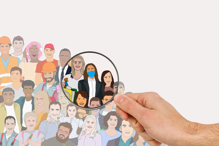 person in crowd under magnifying glass, flat square illustration.の写真素材