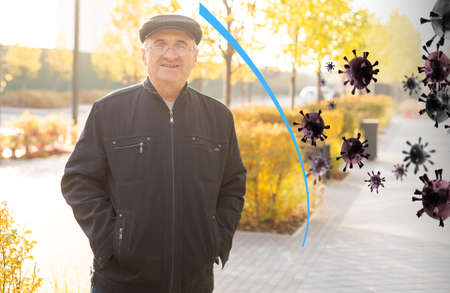 Stronger immunity - better disease resistance. Man surrounded by virusesの写真素材