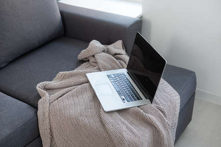 Laptop computer on grey sofa with blanket. Remote work at home office.の写真素材