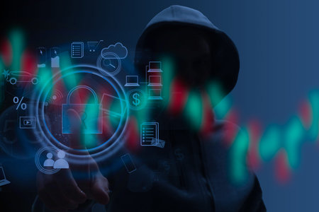 Hacking and malware concept. Hacker using abstract laptop with digital interface. Double exposure